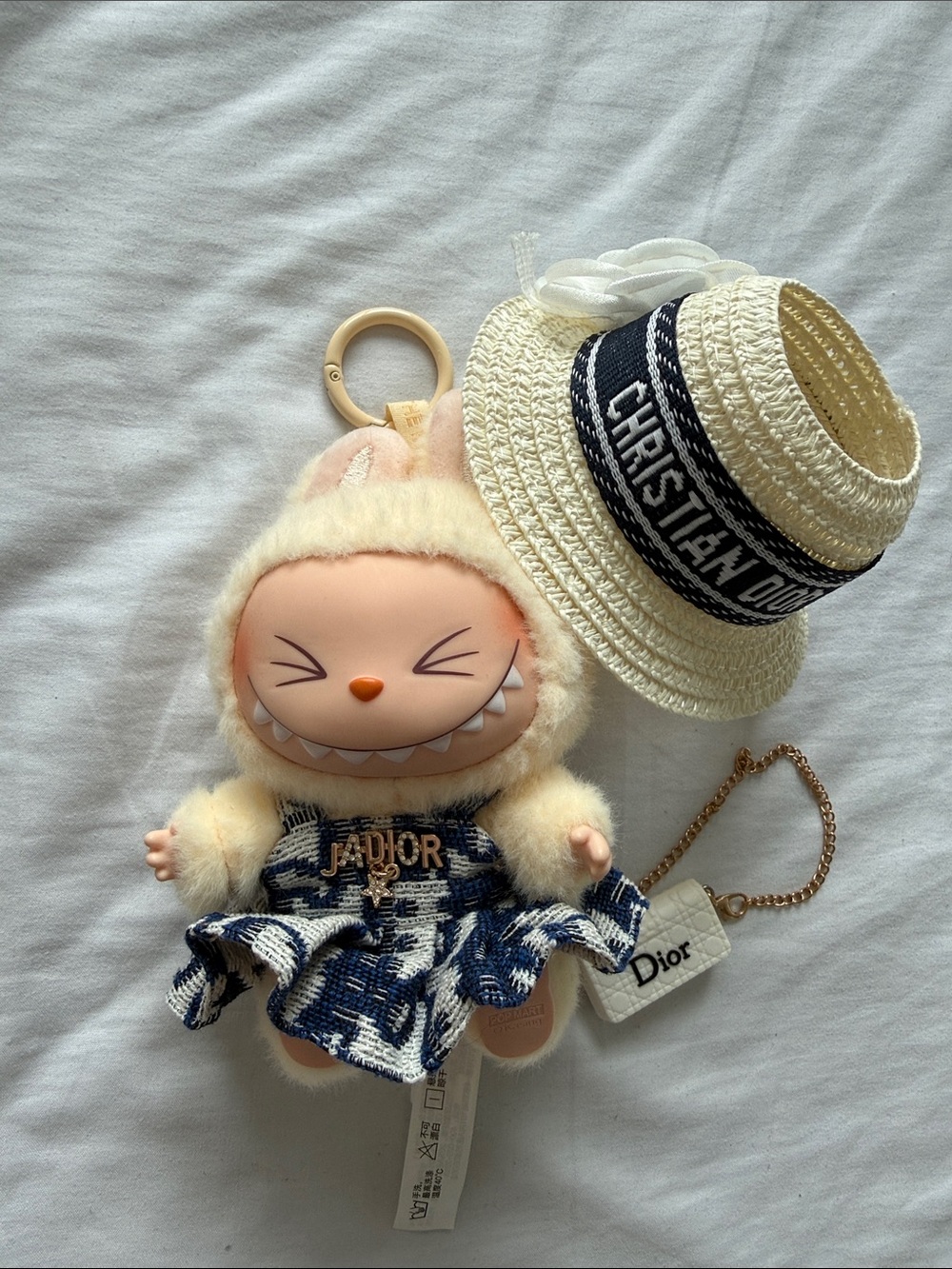 Labubu Sisi in Navy Tweed Dress & straw hat